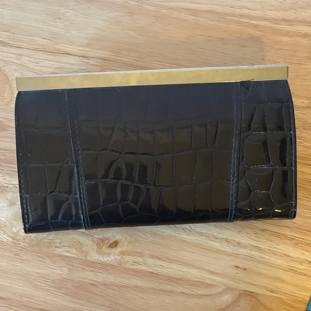 Woman’s Vintage Black Croc Clutch Wallet with Silver Frame